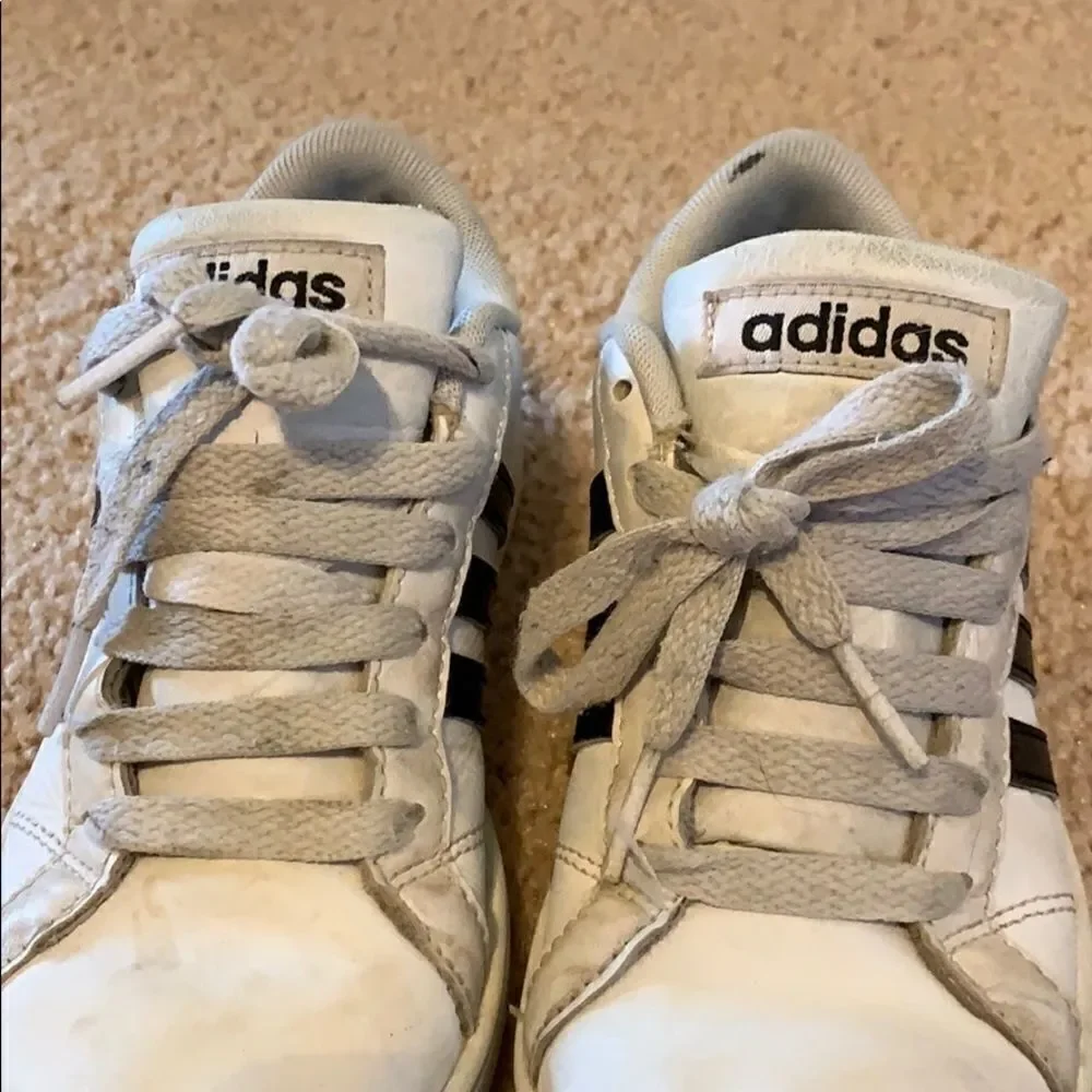 TWO pairs of ADIDAS white sneakers, sizes 13 and 1.